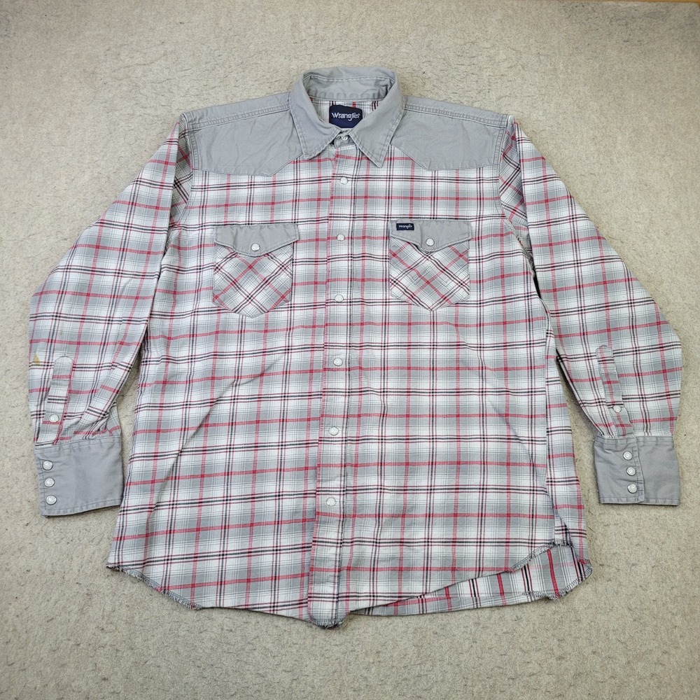 Wrangler Brushpopper‎ Western Shirt Men's XLT Tall Plaid Pearl Snap Heavy Canvas